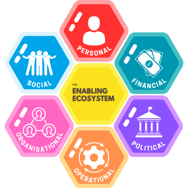 A diagram showing the enabling ecosystem comprising: personal, financial, political, operational, organisational, social.