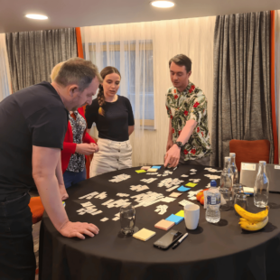 A photo of people participating in a workshop about public services.