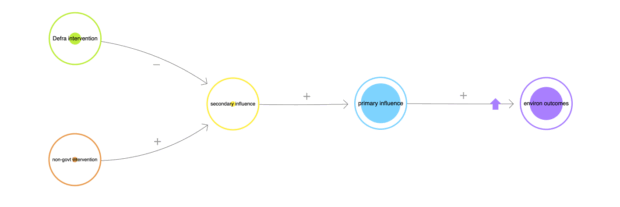 A diagrame showing how Defra intervention and non-government intervention relate to secondary influence, then primary influence, then environmental outcomes.